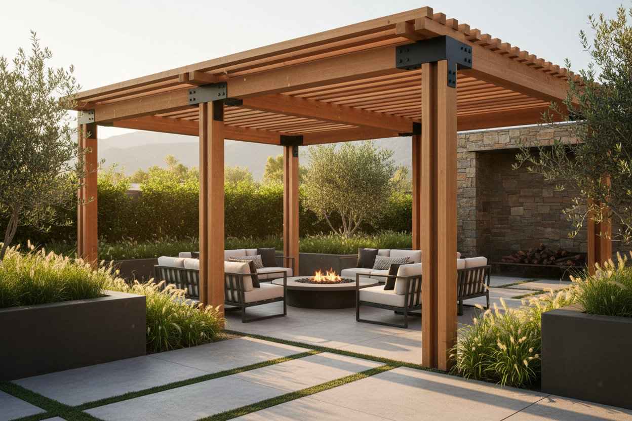 Luxury wooden pergola in a landscaped garden with comfortable outdoor seating