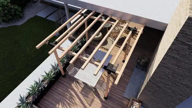 Wooden pergola structure on a patio with plants and furniture