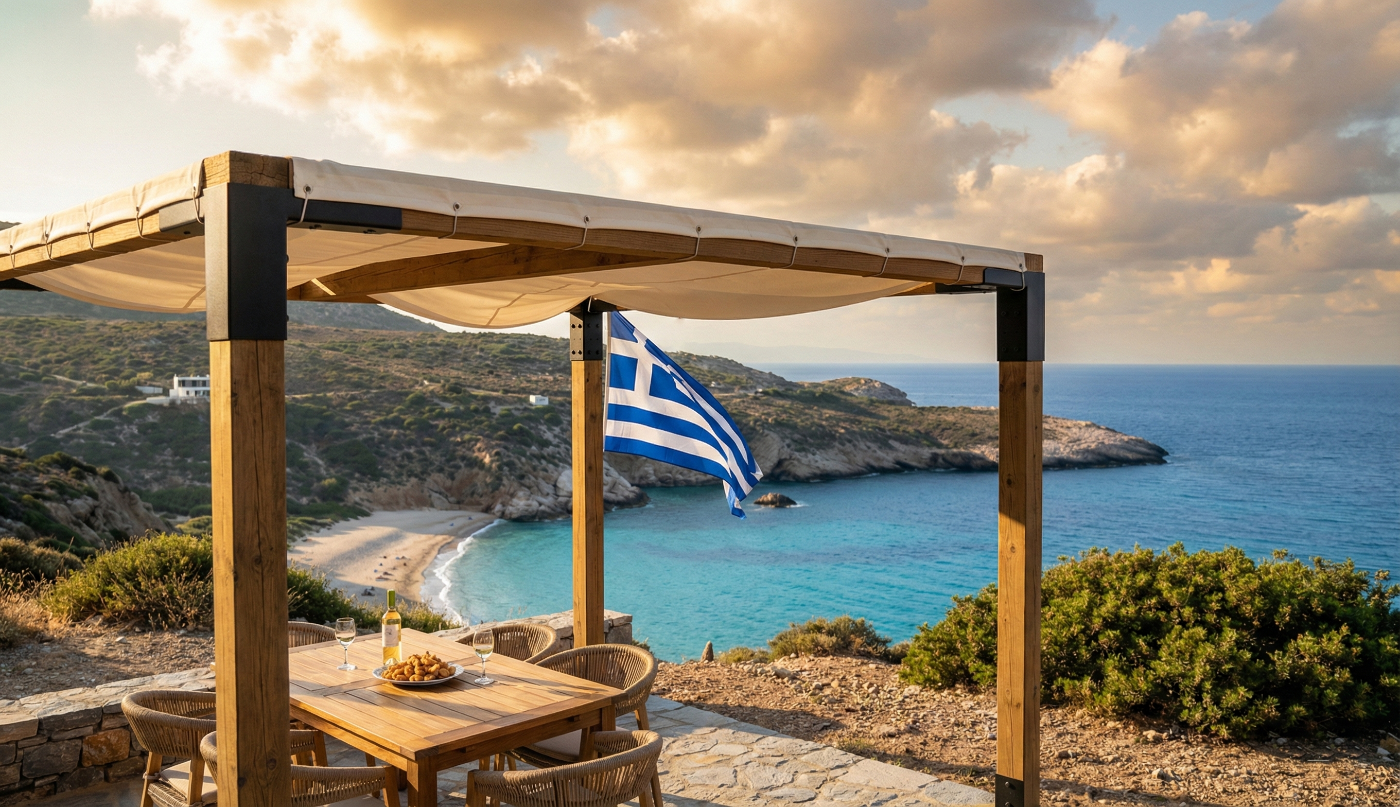 Pavilion with a Greek flag overlooking a beach and blue sea