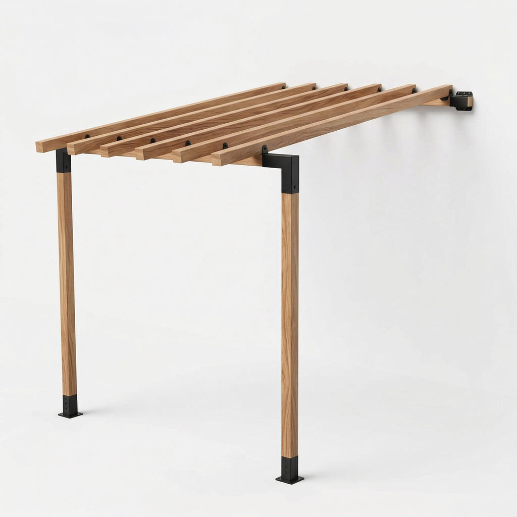 Wooden pergola with metal brackets on a white background