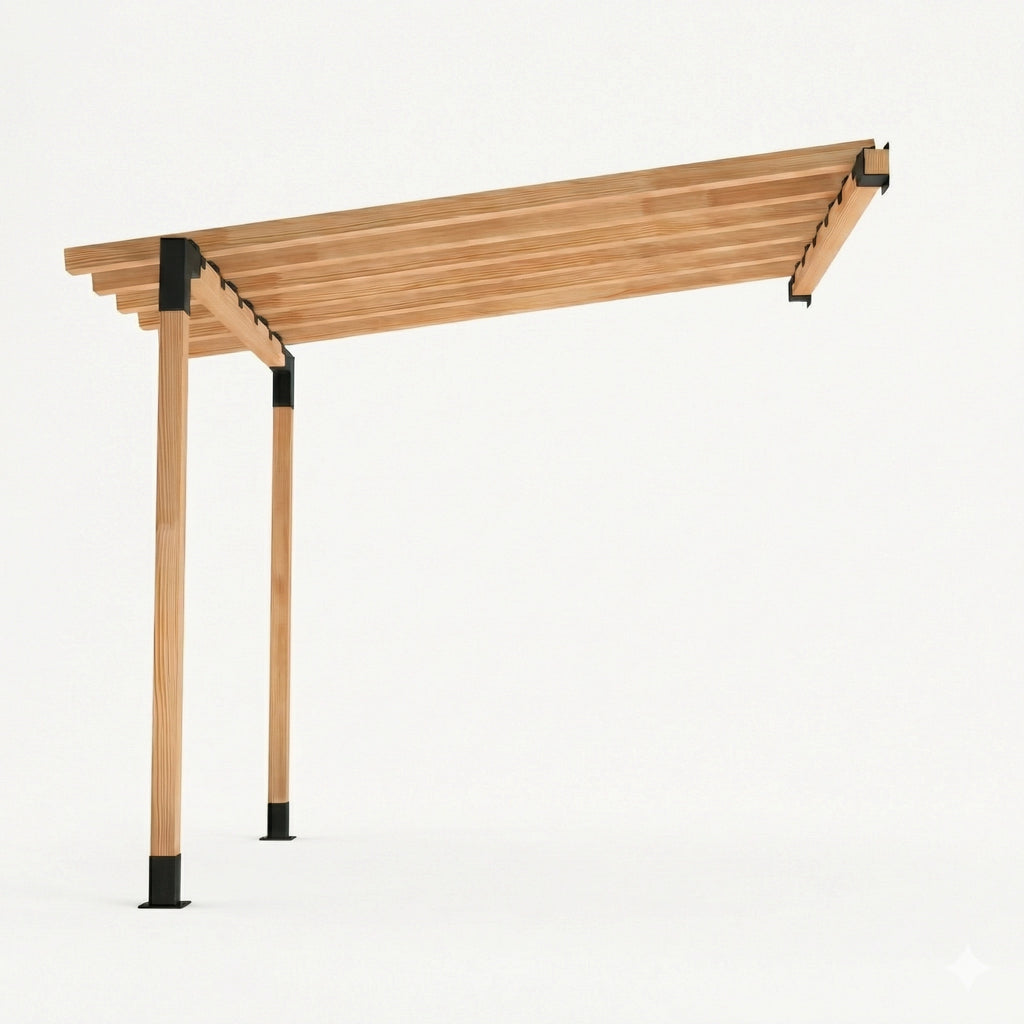 Wooden pergola with a flat roof on a white background