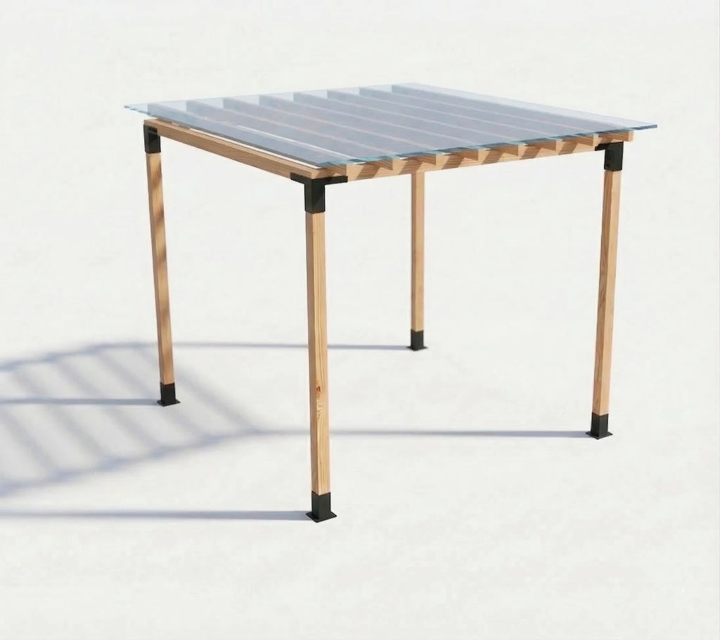 Portable folding table with a clear top on a white background