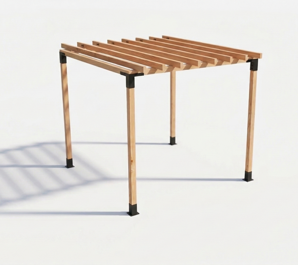 Wooden outdoor table with metal legs on a white background