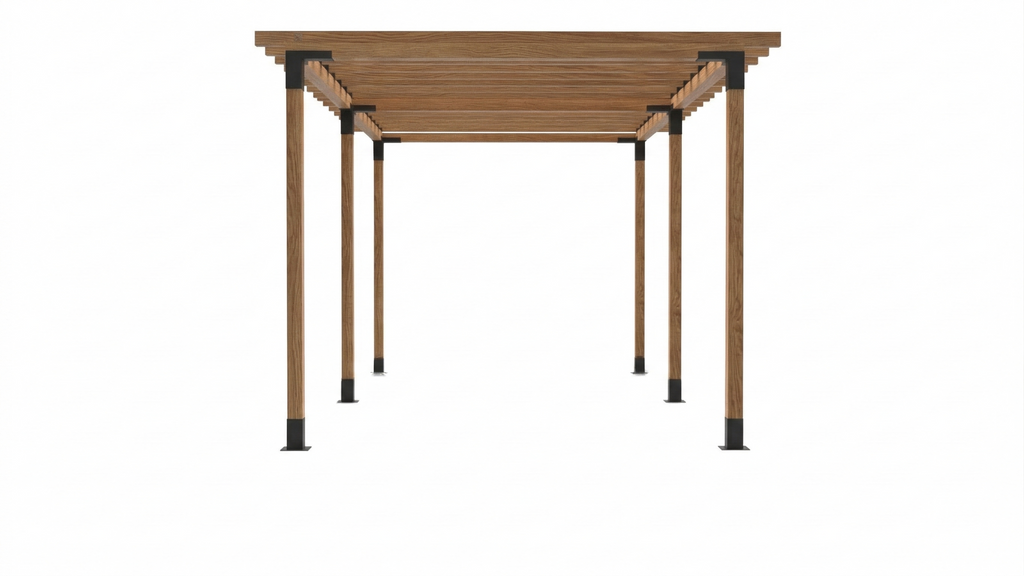 Wooden table with black metal legs on a white background