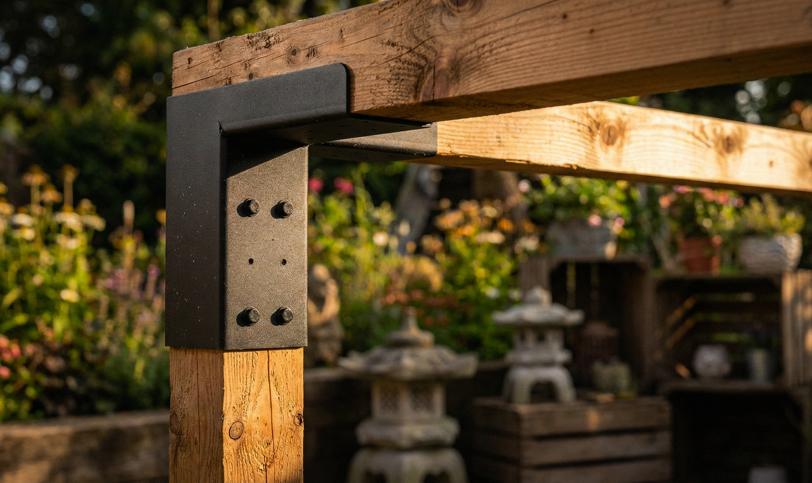 Wooden bench with metal brackets in a garden setting