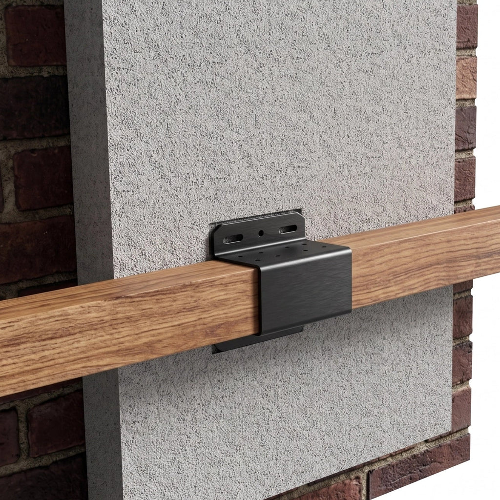 Metal bracket attached to a wooden beam against a brick wall.