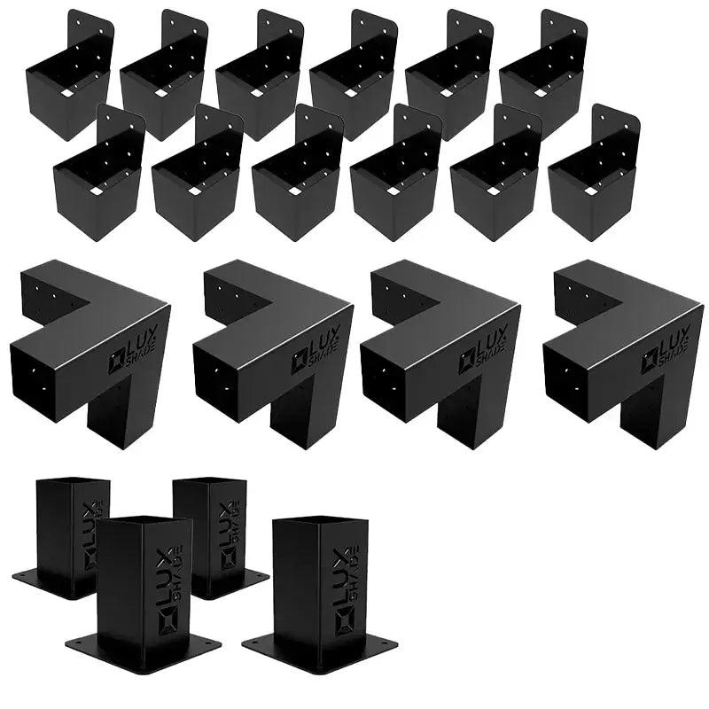 Set of black metal brackets with 'LUXSHADE' branding , complect pergola