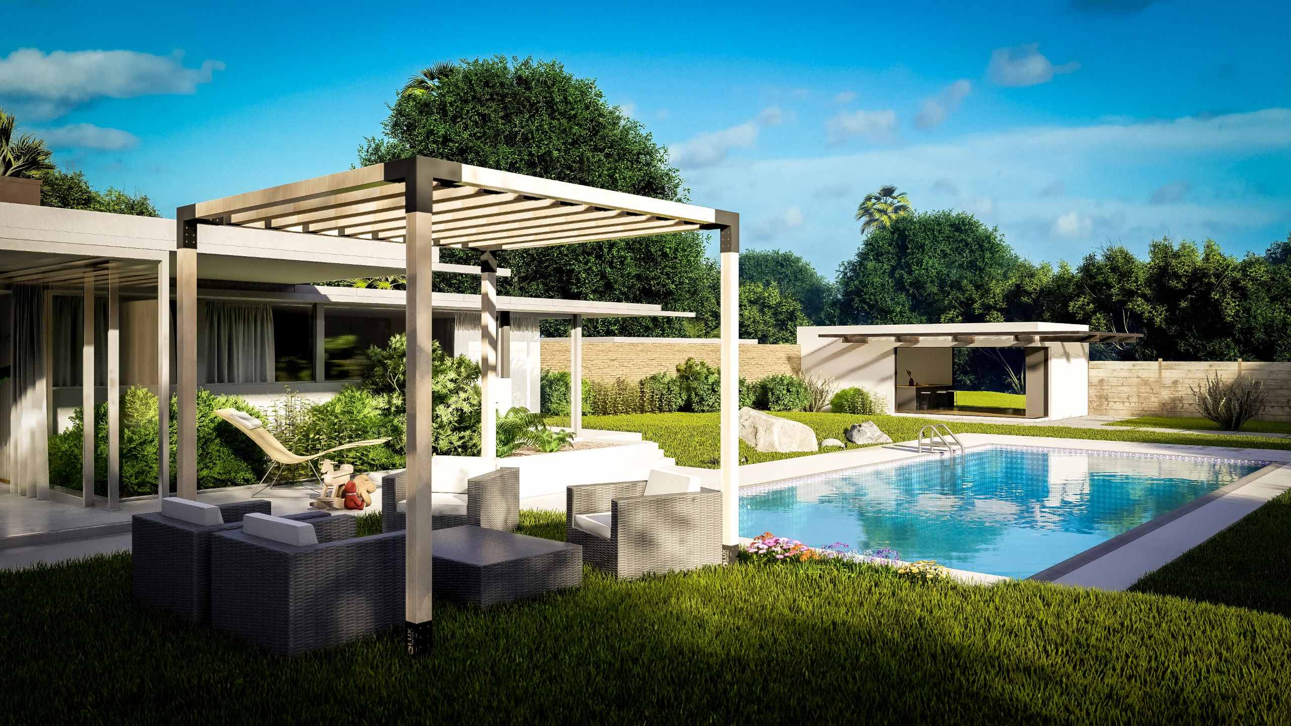 Patio with pergola, outdoor furniture, and pool area on a sunny day.